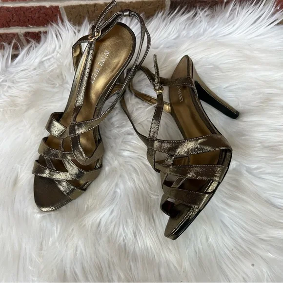 Nine West Shiny Gold Strappy Open Toe Sling Back Pump Heels - Picture 3 of 7